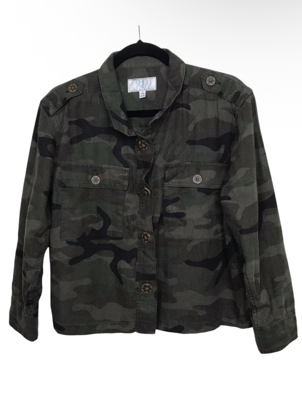 Time and Tru Green Linen Blend Camo Jacket